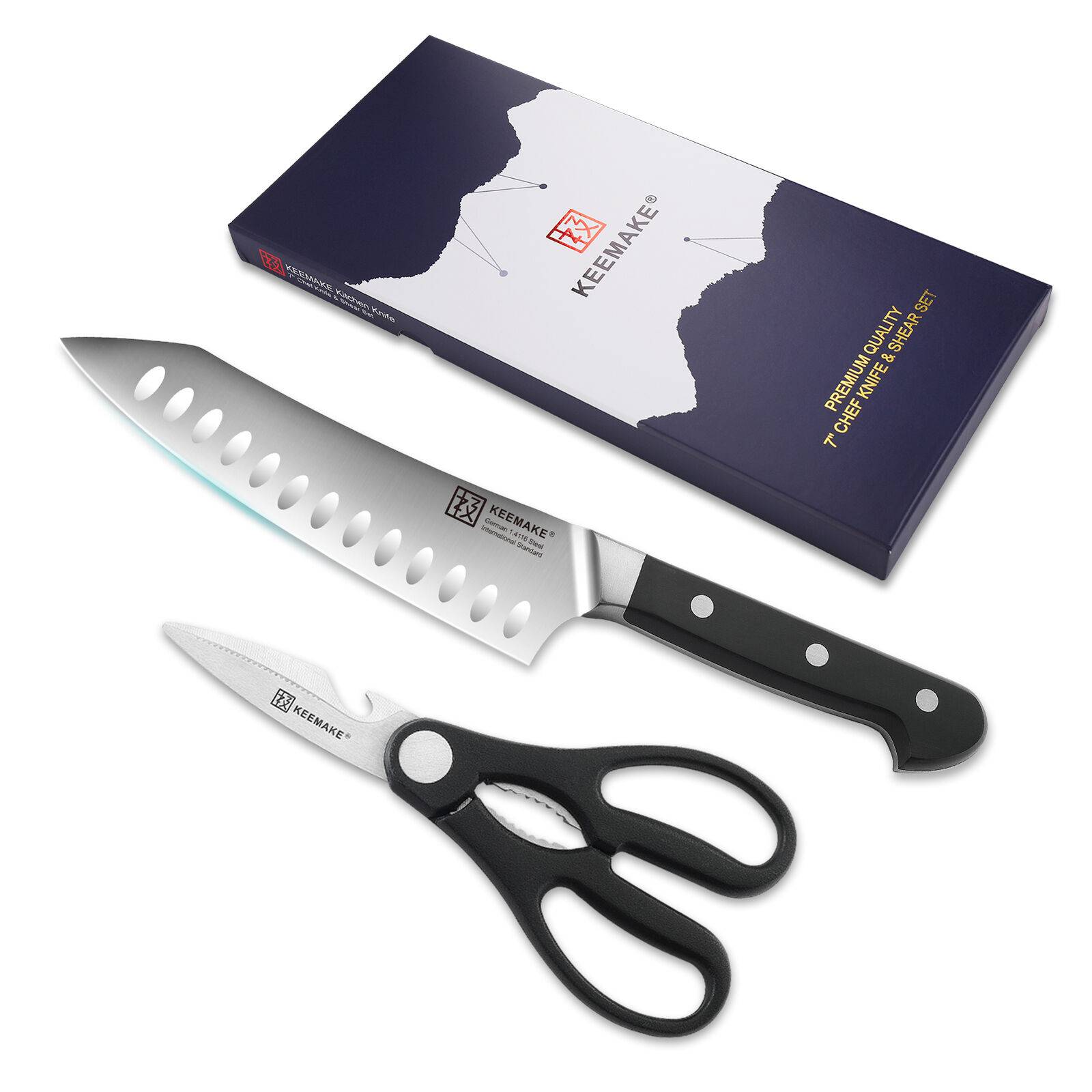 KEEMAKE 2Pcs Chef Knife Set Stainless Steel Kitchen Shears Scissor Cutlery Slicing Gift