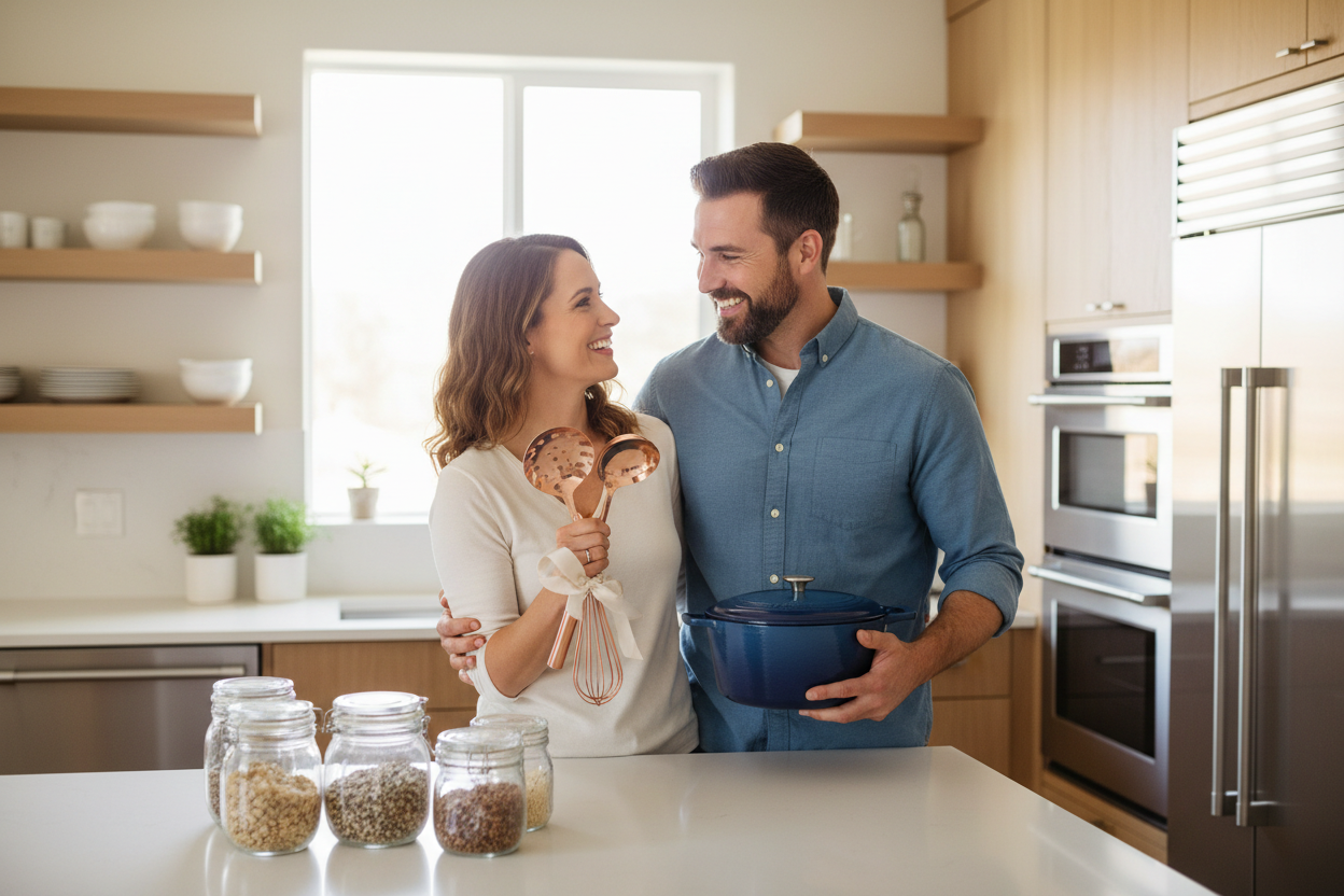 picture a responsible man standing happily beside her wife in a organized kitchen , the wife has kitchen utensils in her hand which the man gifted her and thats why she is also smiling and happy 